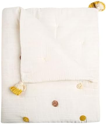 Crane Baby Blanket 36 x 36 Cream Soft Cotton Pom Pom