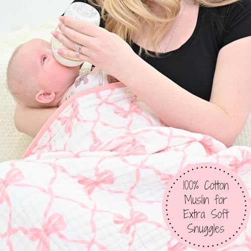 LollyBanks Pink Bow Muslin Blanket 47x47 6 Layers