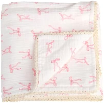Brenaly Muslin Baby Blanket Pink Bow Print 40x40 Inch