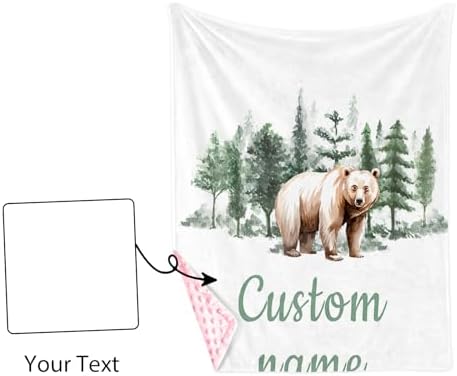Custom Name Baby Receiving Blanket with Bear in Forest Theme