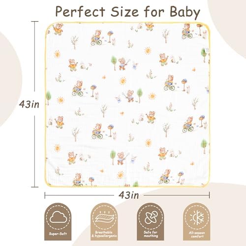 ROSE FEATHER 6-Layer Muslin Baby Blanket with Bear Print