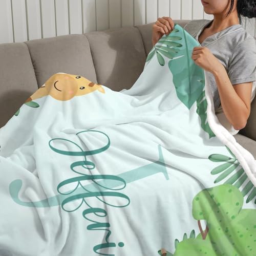 Personalized Baby Blanket with Name Green Safari Animal Design