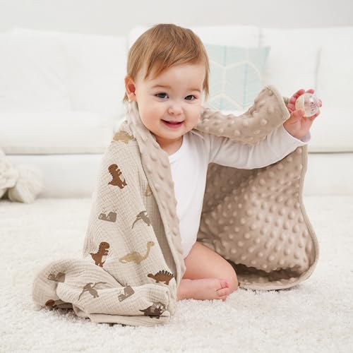 Susurration Baby Blanket Dinosaur Soft Minky with Muslin Cotton and Dotted Fleece Back