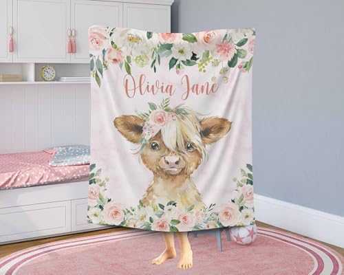 Customized Highland Cow Blanket Personalized Baby Name Throw