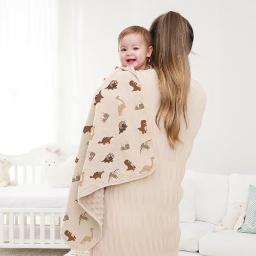 Susurration Baby Blanket Dinosaur Soft Minky with Muslin Cotton and Dotted Fleece Back