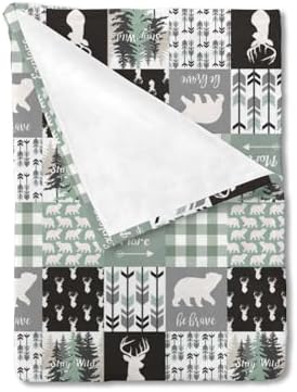 Teal Blue Plaid Bear Deer Arrow Flannel Fleece Baby Blanket
