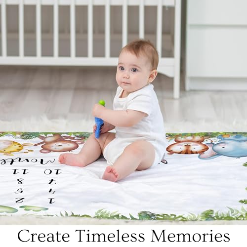 Safari Milestone Blanket for Boy Jungle Animals Theme Monthly Tracker with Wreath