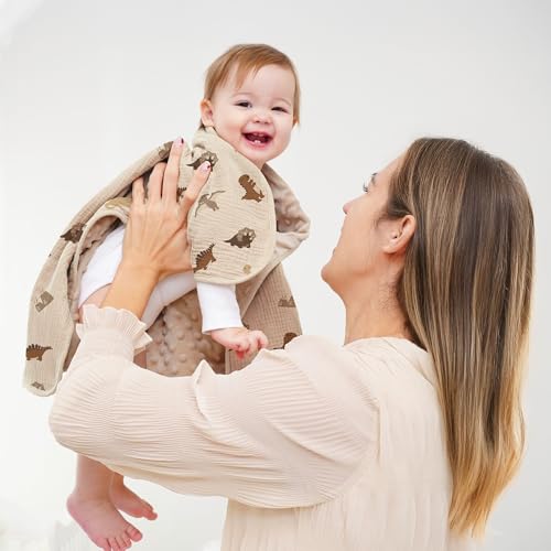 Susurration Baby Blanket Dinosaur Soft Minky with Muslin Cotton and Dotted Fleece Back