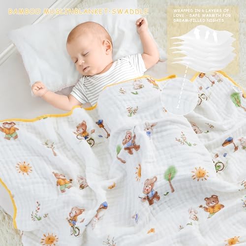 ROSE FEATHER 6-Layer Muslin Baby Blanket with Bear Print