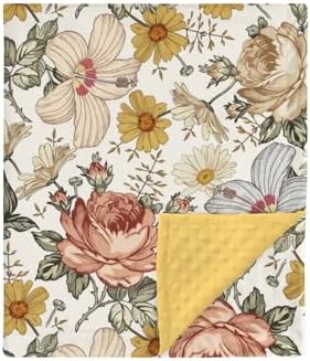 Retro Boho Peony Floral Mink Baby Blanket with Dotted Backing