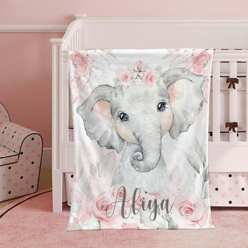 Personalized Baby Elephant Blanket with Pink Flowers