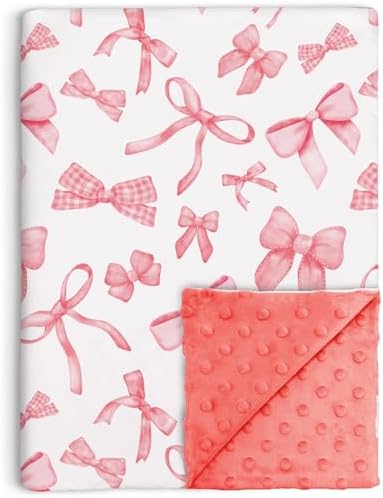 Pink Bow Baby Blanket for Girls 30x40 Inches Soft Minky Double Layer