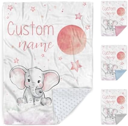 Personalized Baby Blanket with Name Pink Elephant Double Layer Dotted Swaddle