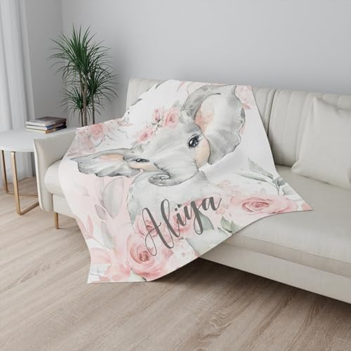 Personalized Baby Elephant Blanket with Pink Flowers