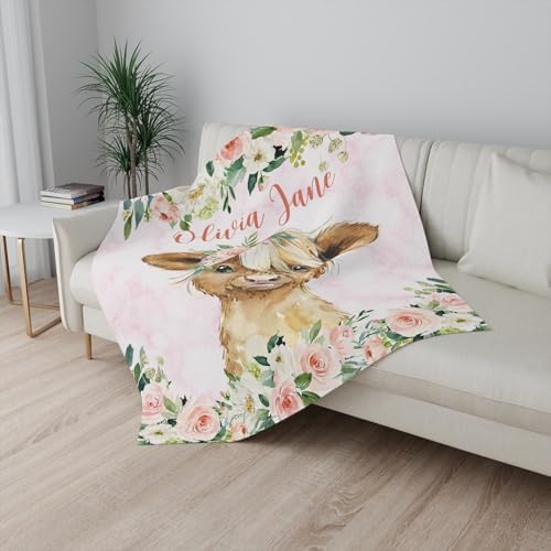 Customized Highland Cow Blanket Personalized Baby Name Throw