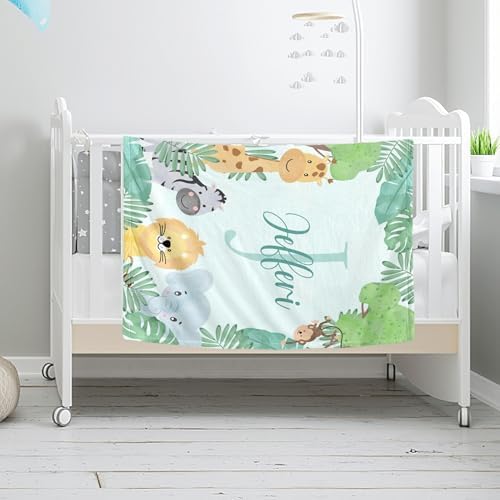 Personalized Baby Blanket with Name Green Safari Animal Design