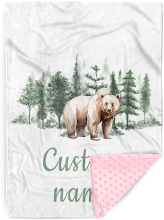 Custom Name Baby Receiving Blanket with Bear in Forest Theme