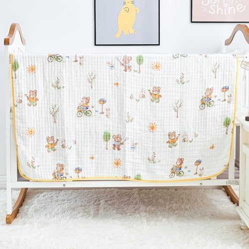 ROSE FEATHER 6-Layer Muslin Baby Blanket with Bear Print