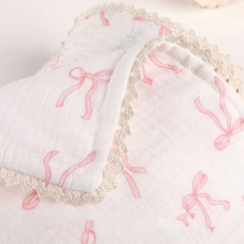 Brenaly Muslin Baby Blanket Pink Bow Print 40x40 Inch