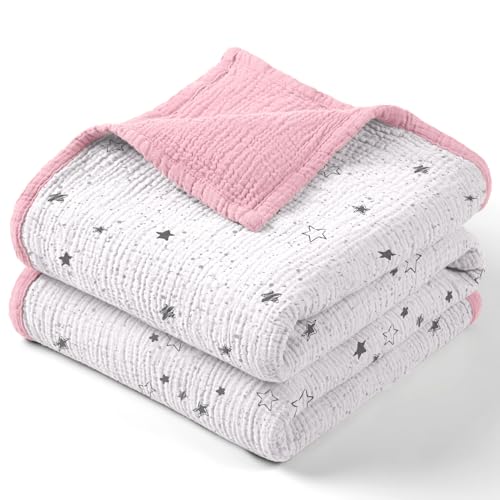 Lulumoon Muslin Baby Blanket - Reversible Cotton Quilt for Toddlers Pink Star