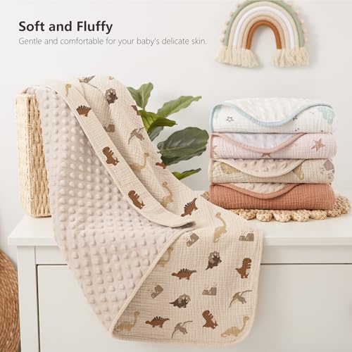 Susurration Baby Blanket Dinosaur Soft Minky with Muslin Cotton and Dotted Fleece Back