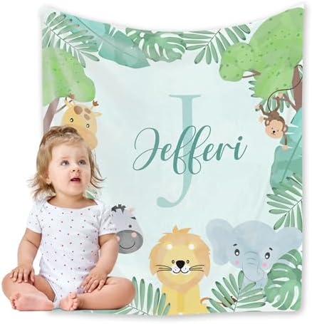Personalized Baby Blanket with Name Green Safari Animal Design