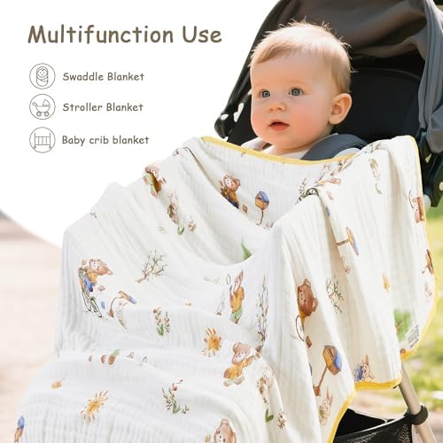 ROSE FEATHER 6-Layer Muslin Baby Blanket with Bear Print