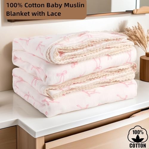 Brenaly Muslin Baby Blanket Pink Bow Print 40x40 Inch