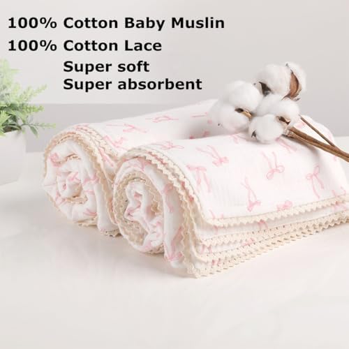 Brenaly Muslin Baby Blanket Pink Bow Print 40x40 Inch
