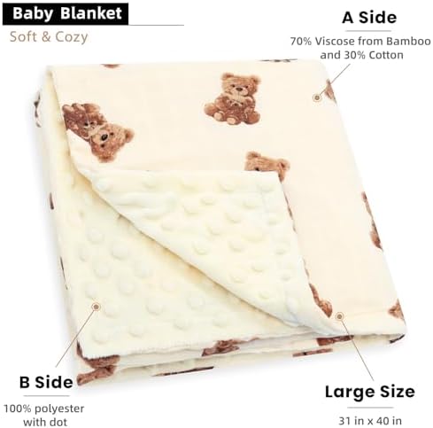 LifeTree Baby Swaddle Blanket with Dotted Fleece Backing Bear Pattern 31x40 Inches
