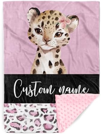 YISMEET Customized Baby Blanket with Name and Pink Leopard Design