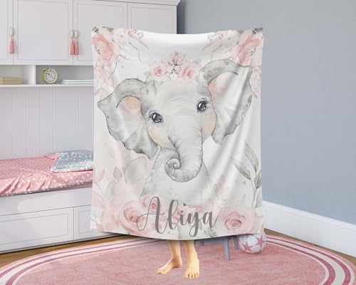 Personalized Baby Elephant Blanket with Pink Flowers