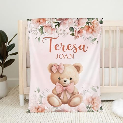 Personalized Pink Bear Baby Blanket with Name 1