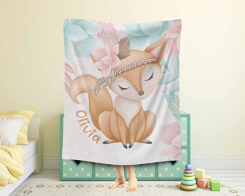 Customized Baby Fox Blanket Personalized Animal Nursery Blanket with Rose Flowers