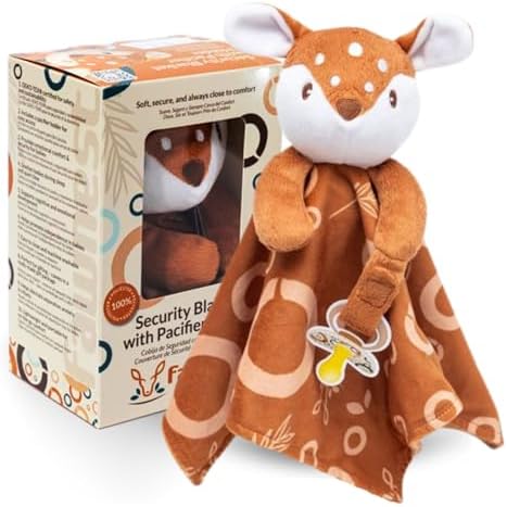 Fawnest Baby Lovey Security Blanket - Gender Neutral Plush Stuffed Animal with Pacifier Holder