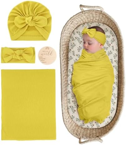 ZURLEFY Stretchy Baby Swaddle Blanket with Headband and Hat Set