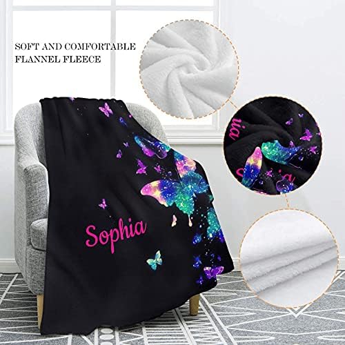XOZOTY Butterflies Baby Blanket - Personalized Name Fleece Swaddling Throw
