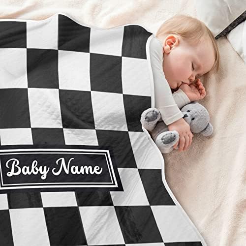 Pigsaly Custom Name Baby Blanket 30x40 Black White Buffalo Check Plaid