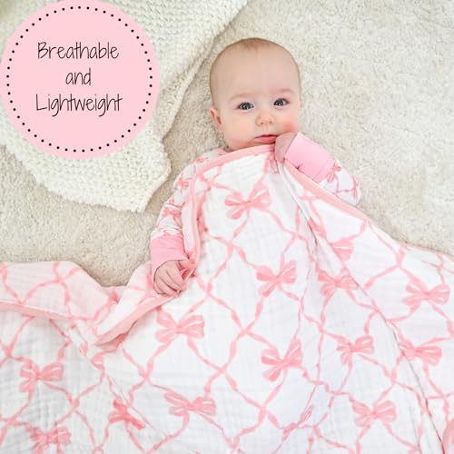 LollyBanks Pink Bow Muslin Blanket 47x47 6 Layers