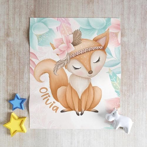 Customized Baby Fox Blanket Personalized Animal Nursery Blanket with Rose Flowers