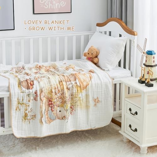 ROSE FEATHER 6-Layer Muslin Baby Blanket with Rabbit Print