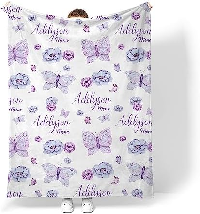 Personalized Baby Blanket for Girls - Flannel Butterfly Crib Decor