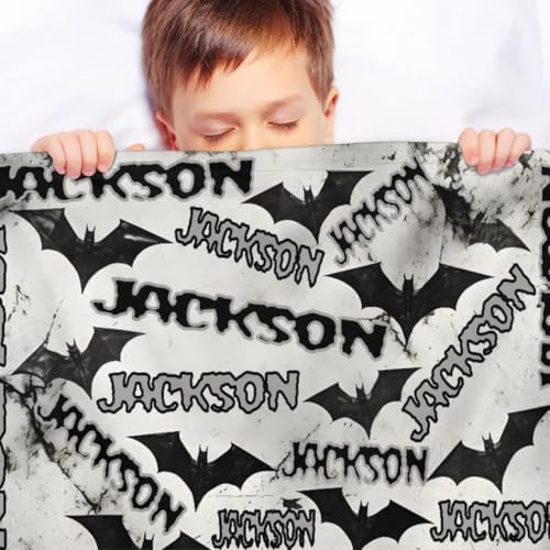 Personalized Halloween Baby Blanket with Name and Black Fog Bat Design