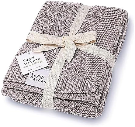 Sweet Acorn Knit Cable Blanket - Organic Cotton Fog Grey