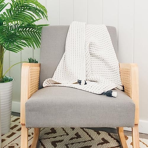 Crane Baby White and Black Stitched Stripe Blanket