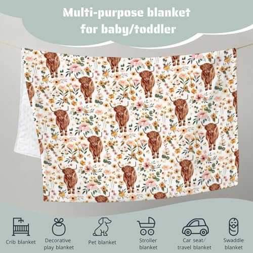 Highland Cow Floral Mink Baby Blanket 30x40