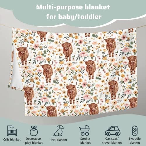 Boho Highland Cow Floral Baby Blanket for Kids