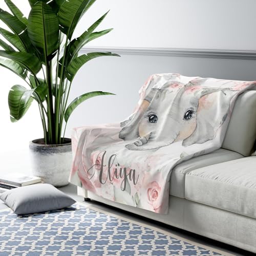 Personalized Baby Elephant Blanket with Pink Flowers