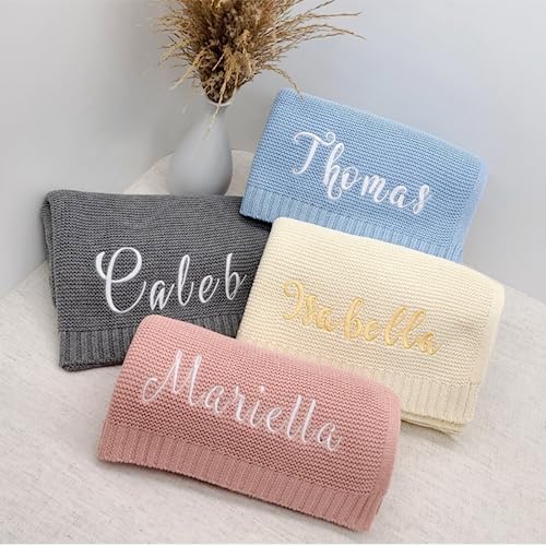Personalized Cotton Knitted Blanket with Embroidered Name