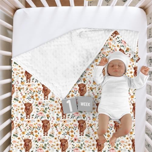 Highland Cow Floral Mink Baby Blanket 30x40